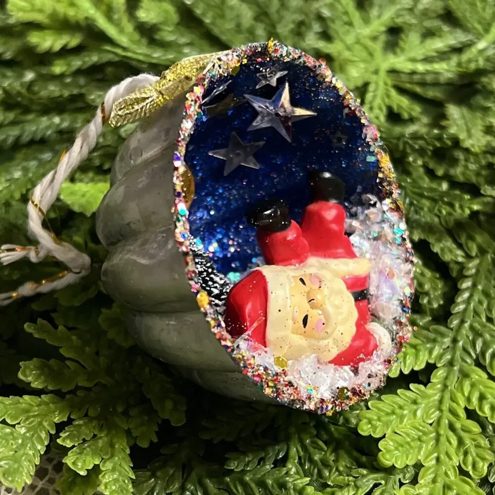Vintage Round Tart Tin Santa Claus Stars Tree Moon Diorama Mid Century Ornament